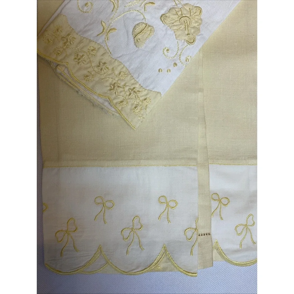 3 Vintage Napkins Hand Towels Yellow Embroidery Bows Flowers Cottagecore